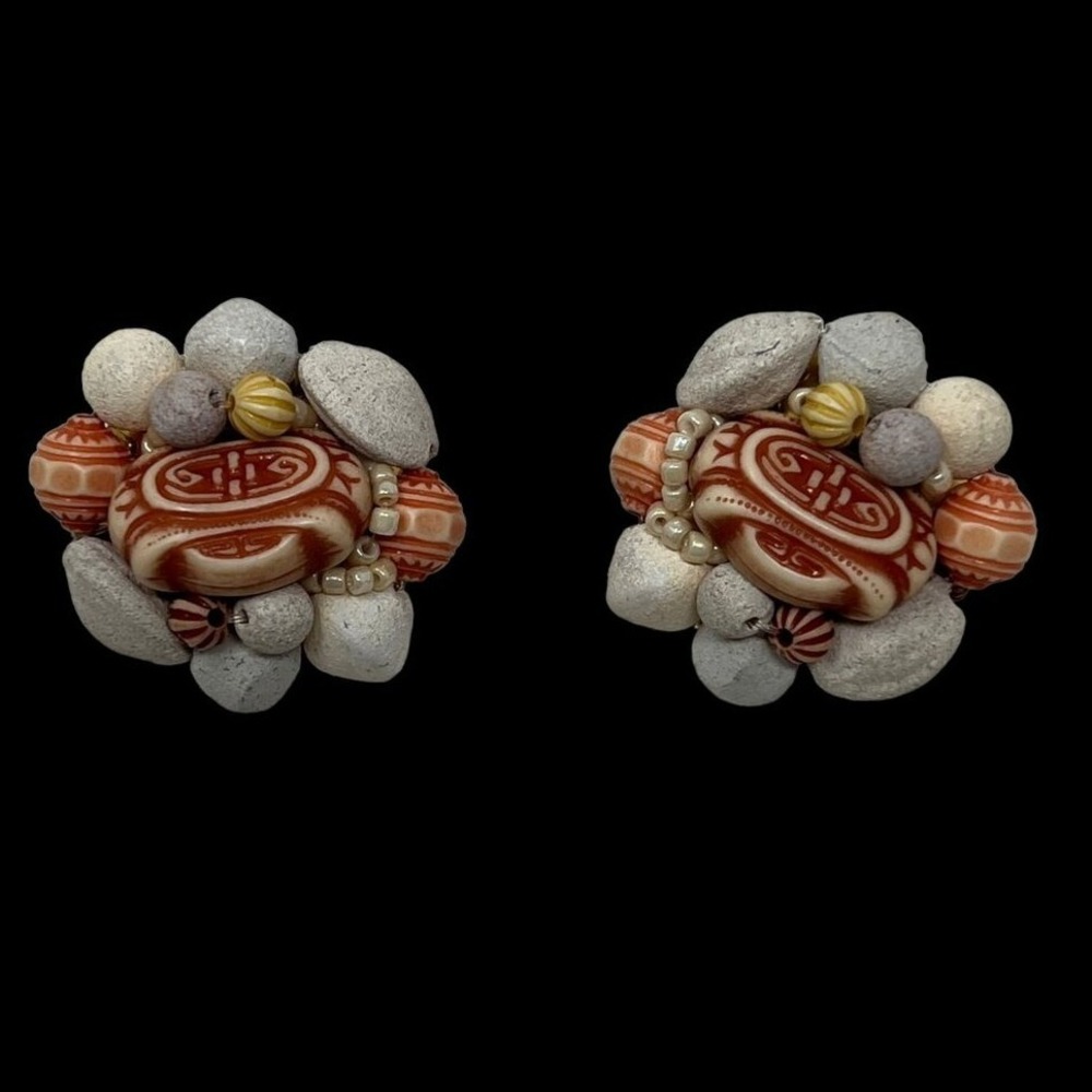 Vintage Clip On Earrings Tan Orange Bead Cluster Faux Pearls